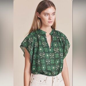 Anthropologie Green Floral Flutter-Sleeve Blouse